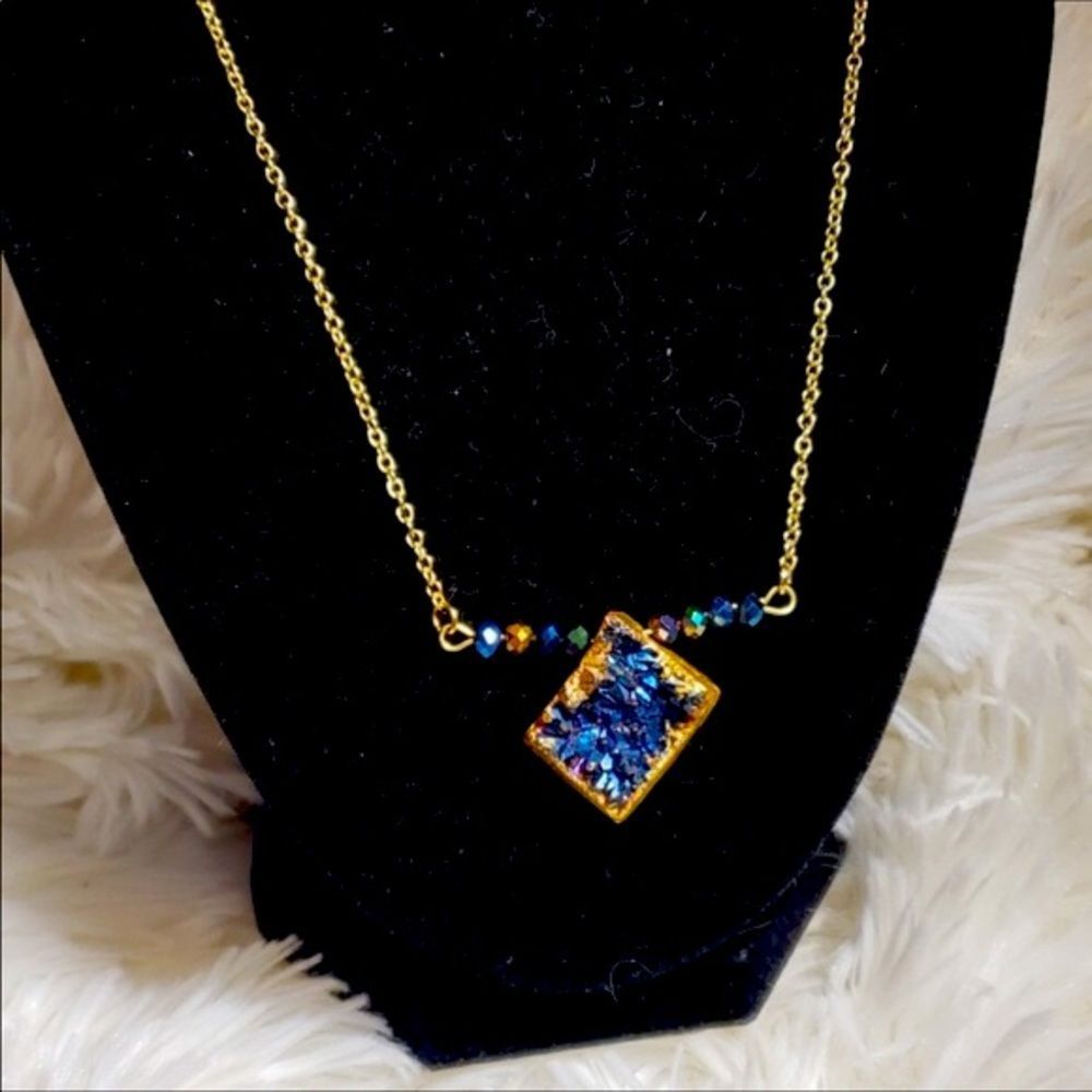 Gold Plated Blue Druzy Agate Necklace